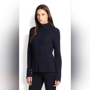 Vince Navy Yak Wool Turtleneck | Quiet Luxury Chevron Cable Knit Sweater | Large